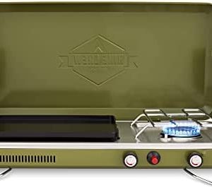 Hike Crew 2-in-1 Gas Camping Stove | Portable Propane Grill/Stove Burner w/Integrated Igniter & Stainless Steel Drip Tray | Built-in Carrying Handle, Foldable Legs & Wind Panels | Includes Regulator