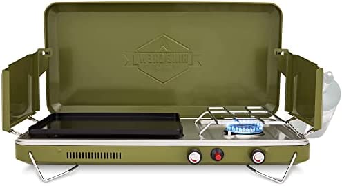 Hike Crew 2-in-1 Gas Camping Stove | Portable Propane Grill/Stove Burner w/Integrated Igniter & Stainless Steel Drip Tray | Built-in Carrying Handle, Foldable Legs & Wind Panels | Includes Regulator