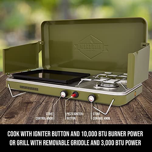 Hike Crew 2-in-1 Gas Camping Stove | Portable Propane Grill/Stove Burner w/Integrated Igniter & Stainless Steel Drip Tray | Built-in Carrying Handle, Foldable Legs & Wind Panels | Includes Regulator - Image 3